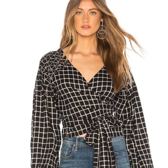 Tularosa Camille Wrap Top Black White Plaid Long Sleeve Blouse Sz XS - Picture 8 of 9